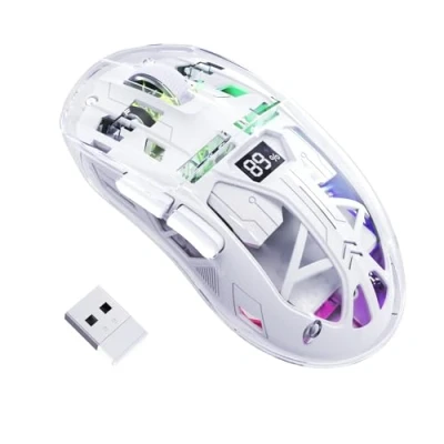 Abbildung von FREEWOLF A2 Kabellose Gaming Maus, Dual Mode 2,4G/Bluetooth PC Mäuse, RGB Maus mit Akku Display, Transparente Hülle, PixArt 3212, 4000 DPI 5 Einstellbar, für Win/MAC Glasiertes Weiß