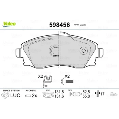 Abbildung von VALEO 598456 Bremsbelagsatz Vorderachse inkl. Verschleißwarnkontakt mit Sicherungsschraubensatz, ohne Anti Quietsch Blech OPEL: Combo C Tour
