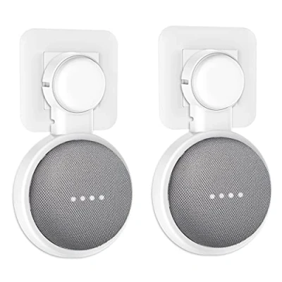 Abbildung von PlusAcc Wandhalterung für Google Nest Mini or Home Mini, Halterung Ständer mit integriertem Kabelmanagement, Ideal Schlafzimmer, Bad und Küche, Keine Schrauben notwendig (Weiß) 2 Stück