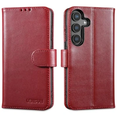 Abbildung von LENSUN Echtleder Hülle für Samsung Galaxy S25 5G, Handyhülle Echtes Leder [RFID Schutz] [Magnetverschluss] Lederhülle Handytasche Weinrot