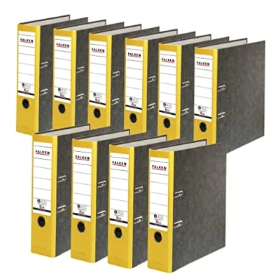 Abbildung von Original Falken 10er Pack Recycling Ordner Wolkenmarmor. Made in Germany. 8 cm breit DIN A4 gelber Rücken Ringordner Aktenordner Briefordner Büroordner Pappordner CO2 Neutral Blauer Engel