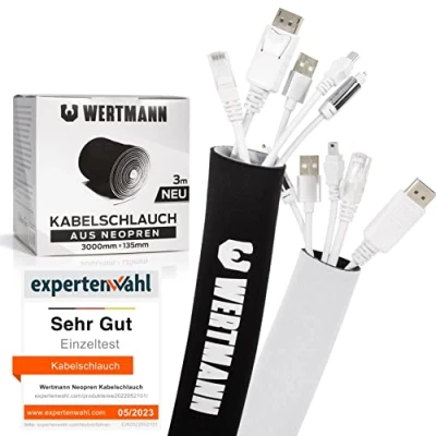 Abbildung von Wertmann Neopren Kabelschlauch für TV oder PC Kabelmanagement Schreibtisch Einstellbarer Durchmesser als Flexibler Kabelkanal Kabelschutz Katze 3m Cable Management in s/w