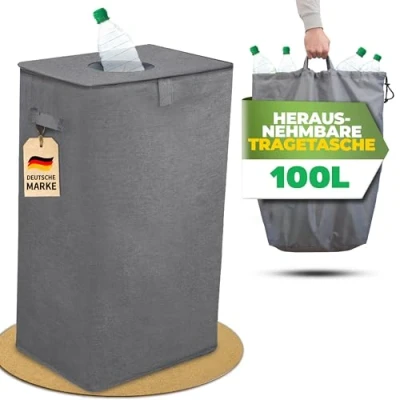 Abbildung von COTTARA® Pfandflaschen Sammelbehälter mit Deckel und Tragetasche Pfandbehälter Einwurf Idealer Flaschen organizer Pfandsammler Flaschensammler Leergut für Küche grau