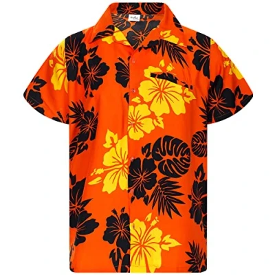 Abbildung von King Kameha Funky Hawaii Hemd, Herren, Kurzarm, Mono Hibiscus, Orange Schwarz, XXL