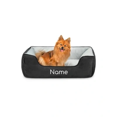 Abbildung von lionto Hundebett 2 in 1 mit komfortablem Einstieg, kuscheliges Heimtierbett zum Wenden für Hunde und Katzen, 80x60 cm, Hundekissen pflegeleichter Wildlederoptik, schwarz/grau (Namensaufdruck)