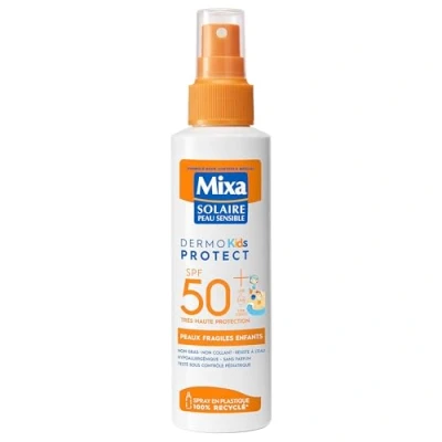 Abbildung von Mixa Sonnenspray für empfindliche Haut Schutz LSF 50+ UVA, UVB Kinderhaut wasserfest sandbeständig hypoallergen, ohne Duft 150 ml