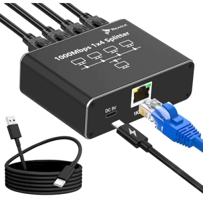 Abbildung von Reagle RJ45 Ethernet Splitter 4 Port, 1000 Mbps LAN Adapter, USB C Stromversorgung, Plug &amp; Play für Router, Computer, TV, Konsolen, Kompatibel mit Cat8/7/6/5 Netzwerkkabeln
