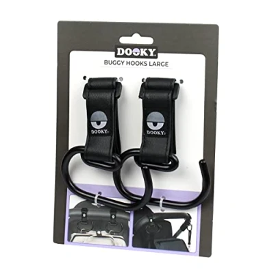Abbildung von Dooky Kinderwagen Haken Large, 2 Stück Kinderwagenhaken Buggy für Taschen, Clips Anhänger Taschenhaken Aluminium Schwarz Universelle Passform