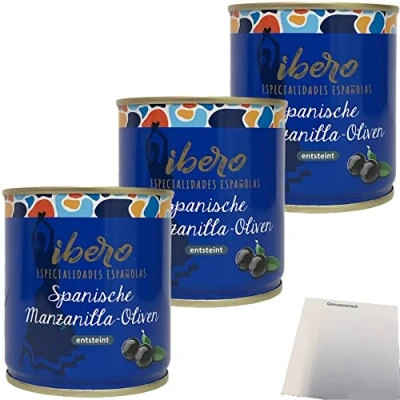 Abbildung von Ibero spanische schwarze Manzanilla Oliven entsteint 3er Pack (3x200g Dose) + usy Block