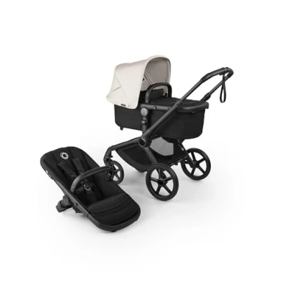 Abbildung von Bugaboo Fox 5 Renew, 2 in 1 Kinderwagen für jedes Gelände, mit Liegewanne und ausziehbarem Kleinkindsitz, praktische Ein Hand Faltung, Fahrgestell Schwarz Sonnendach Misty White