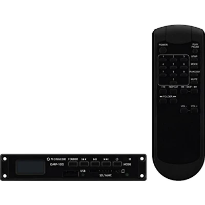 Abbildung von MONACOR DMP 102 kleines MP3 Spieler Einbaumodul, Audio mit USB Schnittstelle und SD/MMC Card Slot, inkl. IR Fernbedienung, in Schwarz