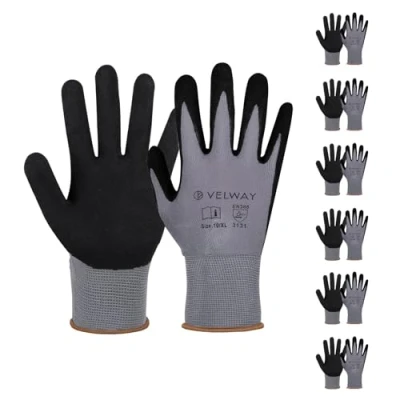 Abbildung von Velway 6 Paar Arbeitshandschuhe Mechaniker Handschuhe Männer Größe 9 Nylon Nitrilbeschichtet Gartenhandschuhe Frauen Rutschfeste Bauhandschuhe Leichte Atmungsaktive EN388 Grau