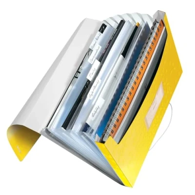 Abbildung von Leitz A4 Projektmappe für bis zu 200 Blatt, 6 Fächer mit Taben zur Ordnung des Inhalts, Gummibandverschluss, Gelb WOW, 45890016
