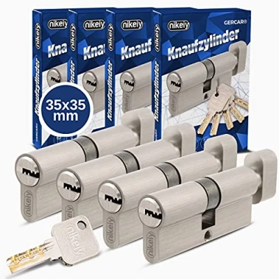 Abbildung von GERCAR Pro Knaufzylinder 35/35 Massiver Schließzylinder gleichschließend mit Knauf 4er Set Zylinderschloss aus Messing Matt Vernickelt inkl. 10x Wendeschlüssel Länge: 70 mm, A:35 B:35 4x