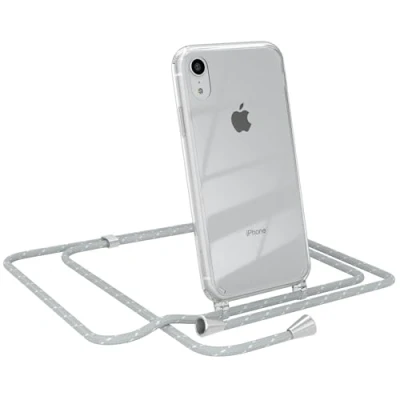 Abbildung von EAZY CASE Handy Chain kompatibel mit iPhone XR, Handykette Tasche transparent, Stoßfeste Soft Silikon TPU, Stylische Kette Hülle für Smartphone, Grau/Weiß Verschlüssen in Silber