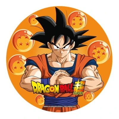 Abbildung von Dekora, Essbare Dragon Ball Tortenaufleger, Kuchendekoration für Kindergeburtstag, Son Goku Design, Tortendeko Kuchen und Desserts, Runder Cake Topper Ø 20 cm