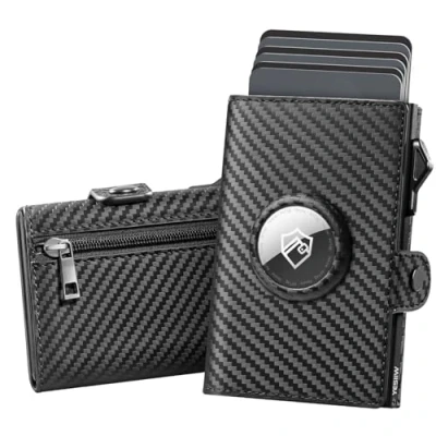 Abbildung von YESIIW Airtag Wallet Echtes Leder Geldbörse Herren mit Extra Große Kapazität Pop up Portmonee für 10 Karten &amp; Münzfach Smart RFID Schutz (Carbon Schwarz)