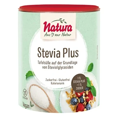 Abbildung von Natura Stevia Plus 300 g natürlicher Zuckerersatz zuckerfreie Tafelsüße als kalorienarmes Süßstoff Pulver vegan und fructosefrei