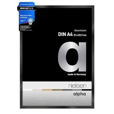 Abbildung von nielsen Bilderrahmen, 21 x 29,7 cm (A4), Aluminium, Schwarz glanz, Dokumentenrahmen zum Aufhängen im Hoch &amp; Querformat, Echtglas, Alpha