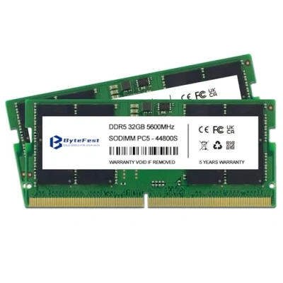 Abbildung von ByteFest DDR5 RAM 64GB (2 x 32GB) 5600MHz SODIMM CL46 Gaming Arbeitsspeicher für Laptop Speicher/All in One/Mini PC