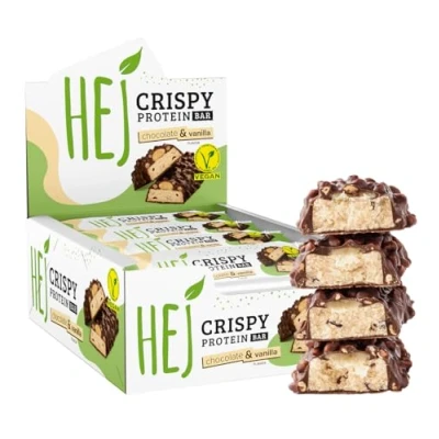 Abbildung von HEJ Vegan Crispy Chocolate &amp; Vanilla High Protein Riegel, zuckerarm nur 0,4 g Zucker schokoladiger, knuspriger Eiweißriegel, palmölfrei, Low Sugar Snack Bar 12 Proteinriegel x 45