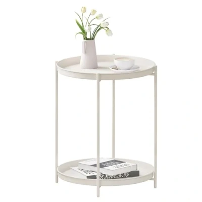 Abbildung von WOLTU Beistelltisch rund, Couchtisch mit Stauraum, 2 abnehmbare Tabletts, Wohnzimmertisch Nachttisch Sofatisch, Kleiner Tisch für Wohnzimmer Schlafzimmer, aus Metall, Creme, BTS17cm