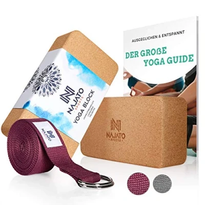 Abbildung von NAJATO Sports Yoga Block Kork 2er Set Wahlweise mit Yogagurt Yogablock inkl. E Book (PDF Datei) Yogaklotz für Pilates und Meditation Aus natürlichem Material