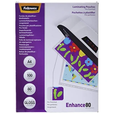 Abbildung von Fellowes Laminierfolien A4, 80 Mikron (2 x mic), mit Lochung zum Einheften, glänzend, 100 Stück