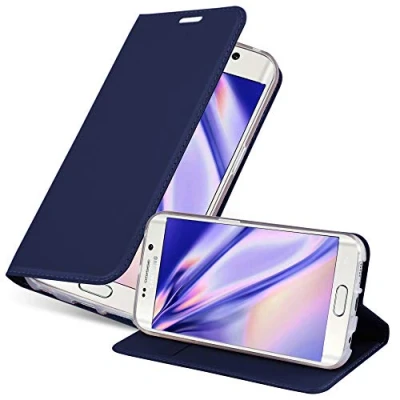 Abbildung von Cadorabo Hülle kompatibel mit Samsung Galaxy S6 Edge aus Premium Kunst Leder Flip Klappbare Stoßfeste Magnetische [Standfunktion] [Kartenfächern] Cover für Tasche in Blau