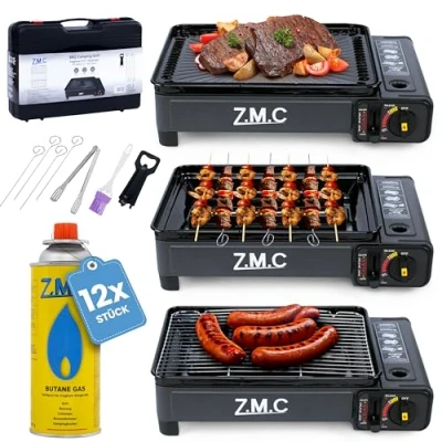 Abbildung von Z.M.C 2 in 1 tragbarer Campingkocher und Gasgrill Klein inkl. Grillzubehör Set Koffer + 12x Gaskartuschen 227g, Balkon Tischgrill Gaskocher 2,2 kW mit LPG Anschluss für Camping, Outdoor indoor