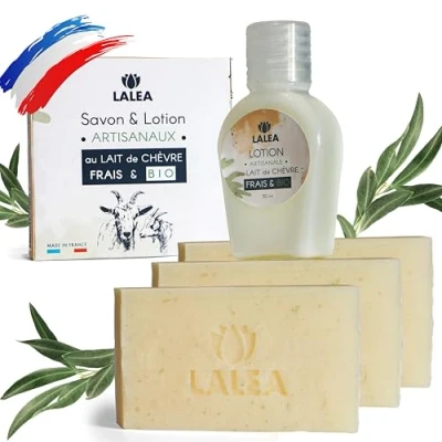Abbildung von Ziegenmilchseife (3x 100g) Geschenk Lotion (30 mL) Handgemacht in Frankreich, Natürliche Ziegenmilchmaske, Gesichtspeeling, Anti Pickel, Akne, Feste Gesichtsreinigung, geschenkidee