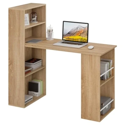 Abbildung von eSituro 120cm Schreibtisch mit Regalen, Computertisch Regal,Bürotisch Bücherregal,Tisch Ablagefächern, Desk with Bookshelf, 122x55x120 cm, Helles Holz
