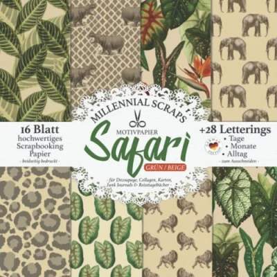 Abbildung von MOTIVPAPIER Safari Grün / Beige für Decoupage, Collagen, Karten, Junk Journals &amp; Reisetagebücher : DIY Papier Zubehör zum Ausschneiden I Mit Letterings Kalender Basteln, Tagebuch Deko Inspo