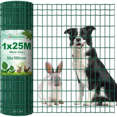 Abbildung von Amagabeli 1M x 25M Gartenzaun Zaun PVC beschichteter 100 50mm 2.1 mm Drahtzaun Maschendraht Wildzaun/Hundezaun Rostfrei Zaunelemente Grünen Maschenweite Drahtgitter Kaninchendraht Forstzaun