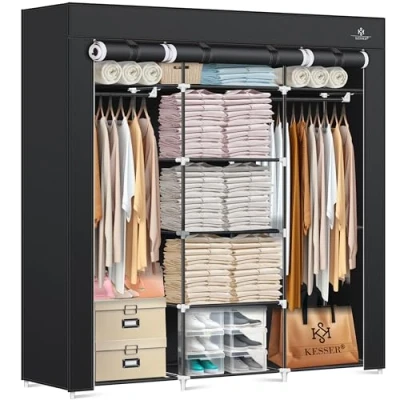 Abbildung von KESSER® Kleiderschrank Stoffschrank Stabil mit Kleiderstange &amp; Ablagen, Inkl. 5X Kleiderbügel, Stoff Faltschrank für Schlafzimmer, Ankleidezimmer Garderobe Kleiderständer 150x45x175cm Schwarz