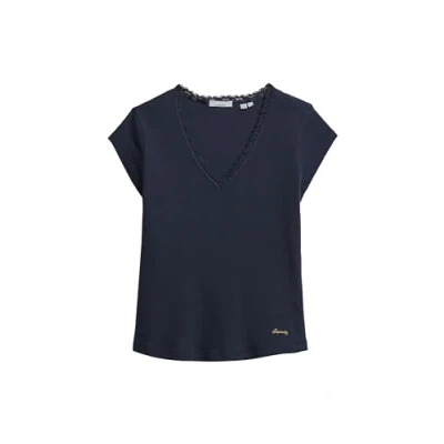 Abbildung von Superdry Essential TRIM Vneck Tshirt print, Damen, Größe: 42, Richest navy
