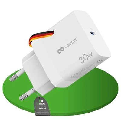 Abbildung von conecto USB C Ladegerät, Ladestecker Adapter, Netzteil 30 Watt Schnellladegerät kompatibel mit Apple iPhone 15, Samsung, Tablet, Laptop UVM, GaN PD Charger, Weiß