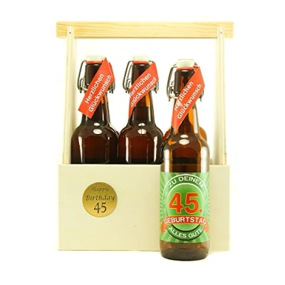 Abbildung von Bier Geschenk 6 er Holz Träger mit Fl. 45. Geburtstag