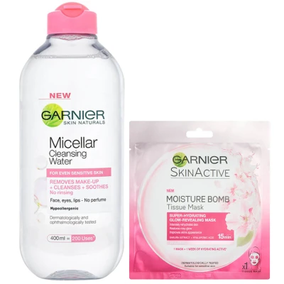 Abbildung von Garnier Micellar Water Sensitive Skin and Hydrating Moisture Bomb Face Sheet Mask Kit Exclusive