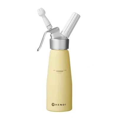 Abbildung von HENDI Sahnespender, Inklusive Set aus 3 Polypropylen Spritztüllen und Reinigungsbürste, Sahne Mousses Desserts kalten Schäumen, Sahnesyphon, 0,5L, ø80x(H)260mm, Aluminium, Pastellrosa