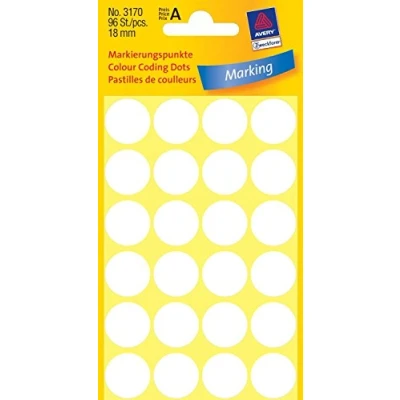 Abbildung von AVERY Zweckform 3170 selbstklebende Markierungspunkte 96 Stück (Ø18mm, Klebepunkte auf 4 Bogen, Punktaufkleber zur Farbcodierung, runde Aufkleber für Kalender, Planer und zum Basteln, Papier) weiß