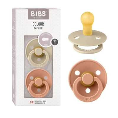 Abbildung von BIBS Colour Schnuller 2er Pack, BPA frei, Kirschform Nippel. Naturkautschuk/Latex, Hergestellt in Dänemark. Größe 1 0+ Monate 2 Vanilla/Peach