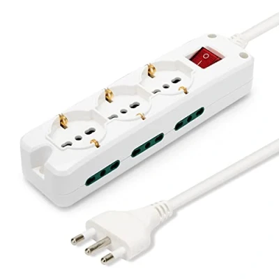 Abbildung von Velamp MULTIT I S36 Steckdosenleiste 9fach: 3 Schuko 6 bivalente Steckdosen 10 / 16A. 1,5m Kabel, Lichtschalter und Winkelstecker, Bianco
