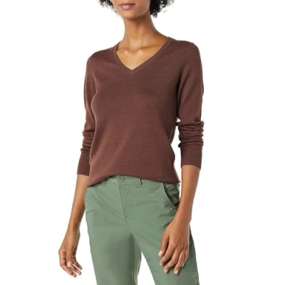 Abbildung von Amazon Essentials Damen Leichter, Langärmeliger Pullover Mit V Ausschnitt, Klassischer Schnitt (Erhältlich In Übergröße), Dunkles Kastanienbraun Meliert, S