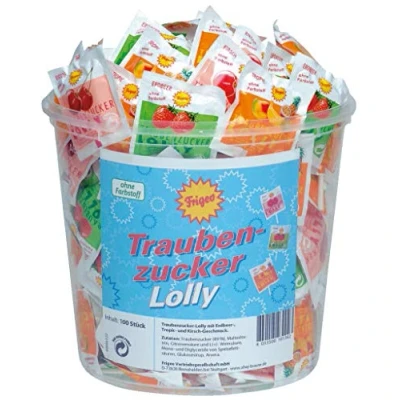 Abbildung von Frigeo Traubenzucker Lolly in drei Geschmacksrichtungen: Erdbeer, Tropic und Kirsch, 100 Stück im Eimer (750 g) (1er Pack)