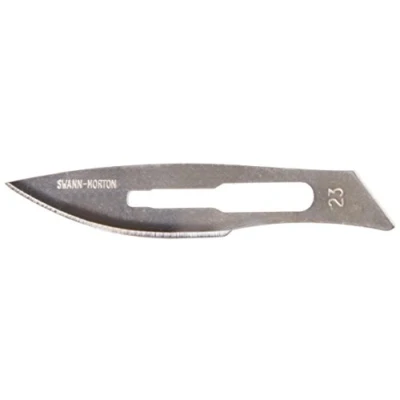 Abbildung von Swann Morton Sterile Klingen aus Kohlenstoffstahl zum Einmalgebrauch, Nr. 23, 100 in einzelnen Verpackungen Metallfolie.