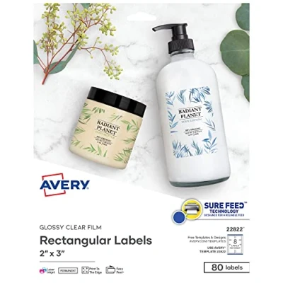 Abbildung von Avery Bedruckbare rechteckige Etiketten, 5,1 x 7,6 cm, glänzend, kristallklar, 80 anpassbare Etiketten (22822)