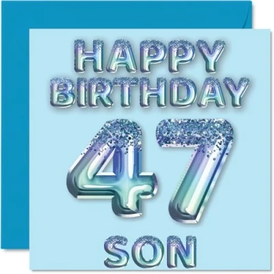 Abbildung von Stuff4 Geburtstagskarte zum 47. Geburtstag für Sohn, blaue Glitzer Party Luftballons, Happy Birthday Karten den von Mama Papa Eltern, 145 mm x
