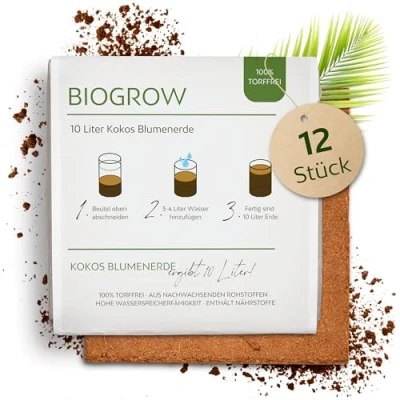 Abbildung von Bio Kokoserde gepresst im Quellbeutel Biologisch abbaubare, torffreie Anzuchterde aus 100% Kokosfasern (10 Liter, 12 Stück)