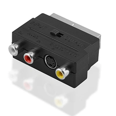 Abbildung von BestPlug Audio Video Adapter mit Schalter, 1 Scart Stecker auf 3 Cinch Buchse S VHS Buchse, Schwarz